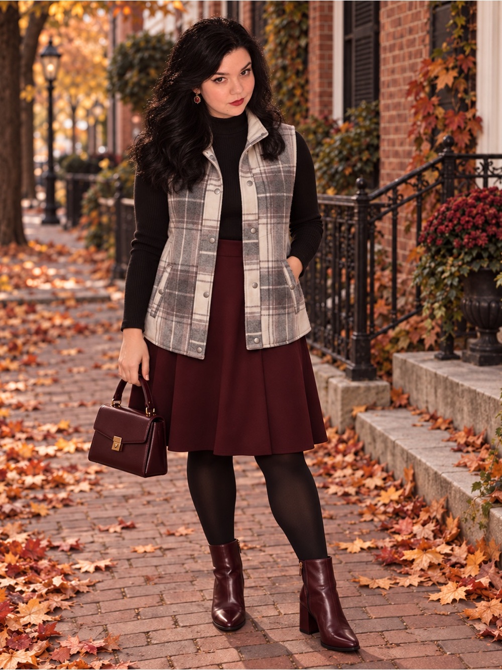 Francescas Fall Plaid Quilted Stand-Collar Vest in Cream, Burgundy, & Gray NWT S